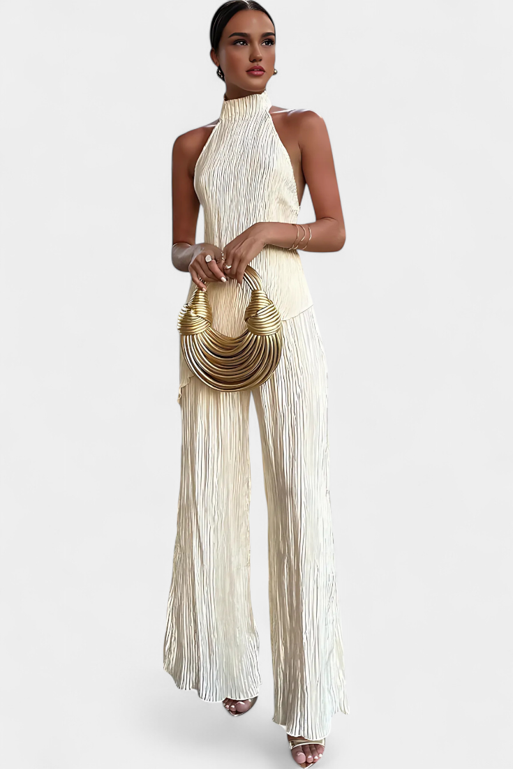 Pilarica Conjunto Elegante Plisado de Top Asimétrico y Pantalón Fluido