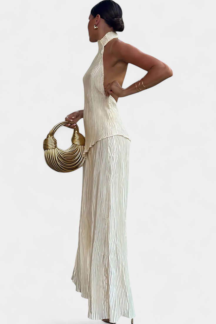 Pilarica Conjunto Elegante Plisado de Top Asimétrico y Pantalón Fluido