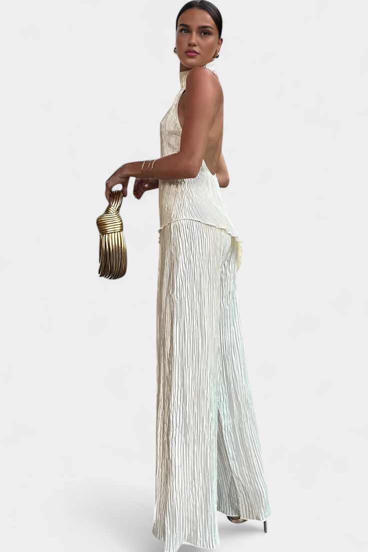 Pilarica Conjunto Elegante Plisado de Top Asimétrico y Pantalón Fluido