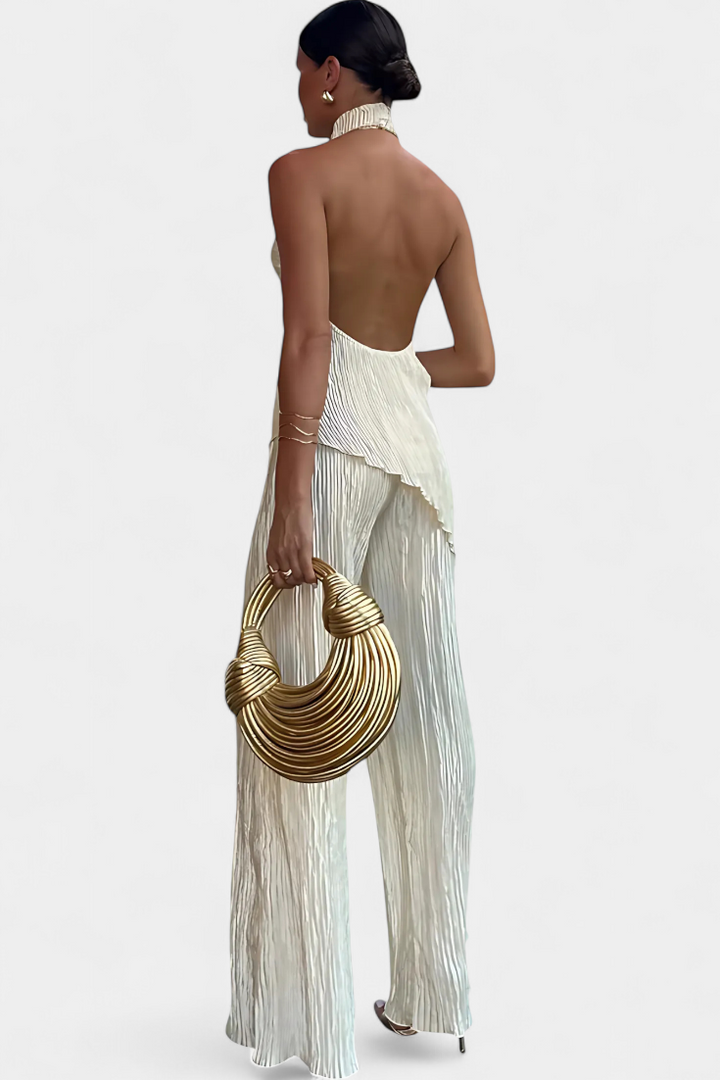 Pilarica Conjunto Elegante Plisado de Top Asimétrico y Pantalón Fluido