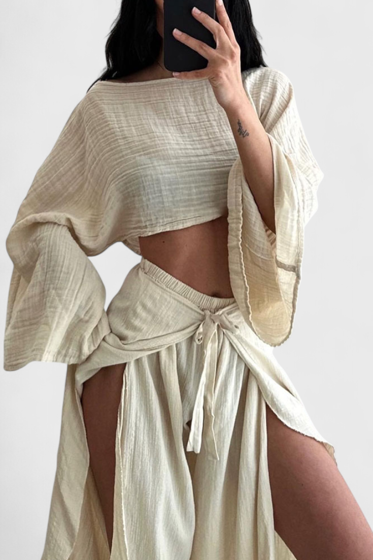 Elsie Conjunto Fluido con Kimono y Pantalón Cruzado