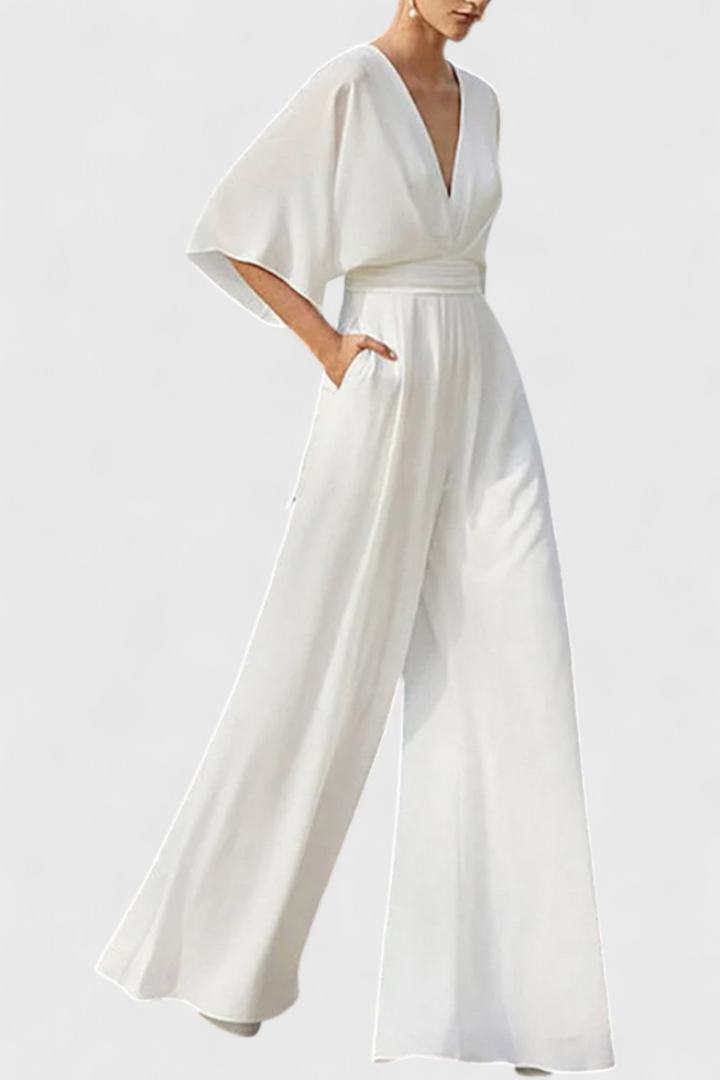 Isaura Mono Largo Elegante con Pierna Ancha y Escote en V