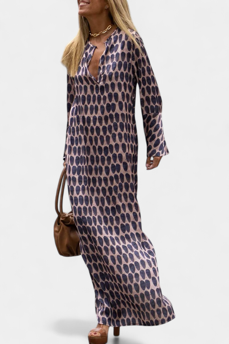 Brisa Vestido Largo Geométrico con Abertura y Escote en V