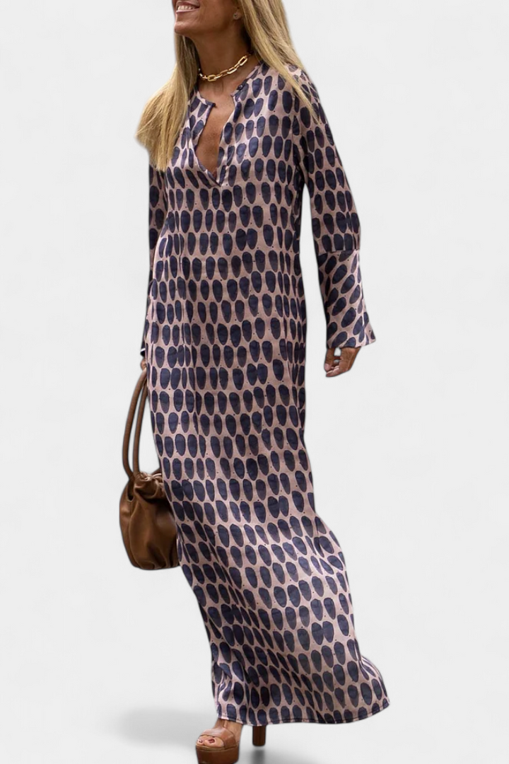 Brisa Vestido Largo Geométrico con Abertura y Escote en V