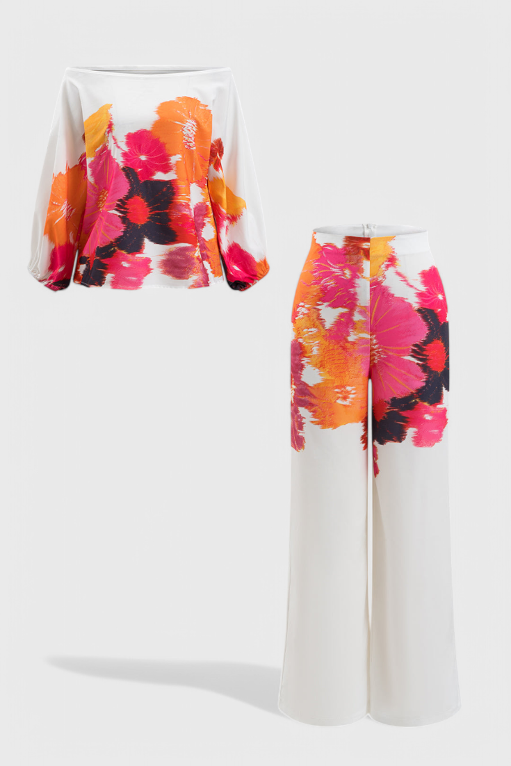 Sybella Conjunto Estampado de Dos Piezas con Pantalones de Pierna Ancha