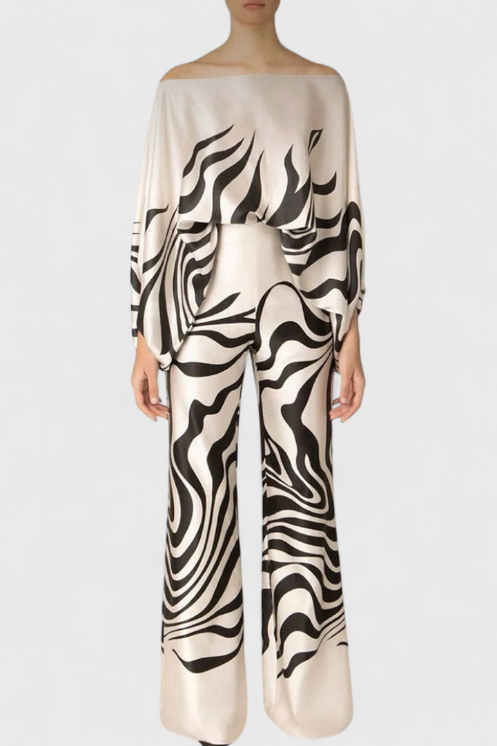 Sybella Conjunto Estampado de Dos Piezas con Pantalones de Pierna Ancha