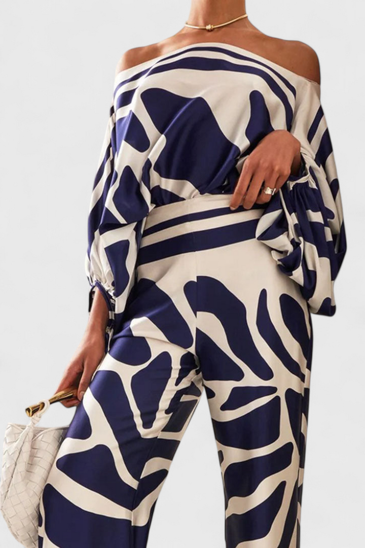 Sybella Conjunto Estampado de Dos Piezas con Pantalones de Pierna Ancha