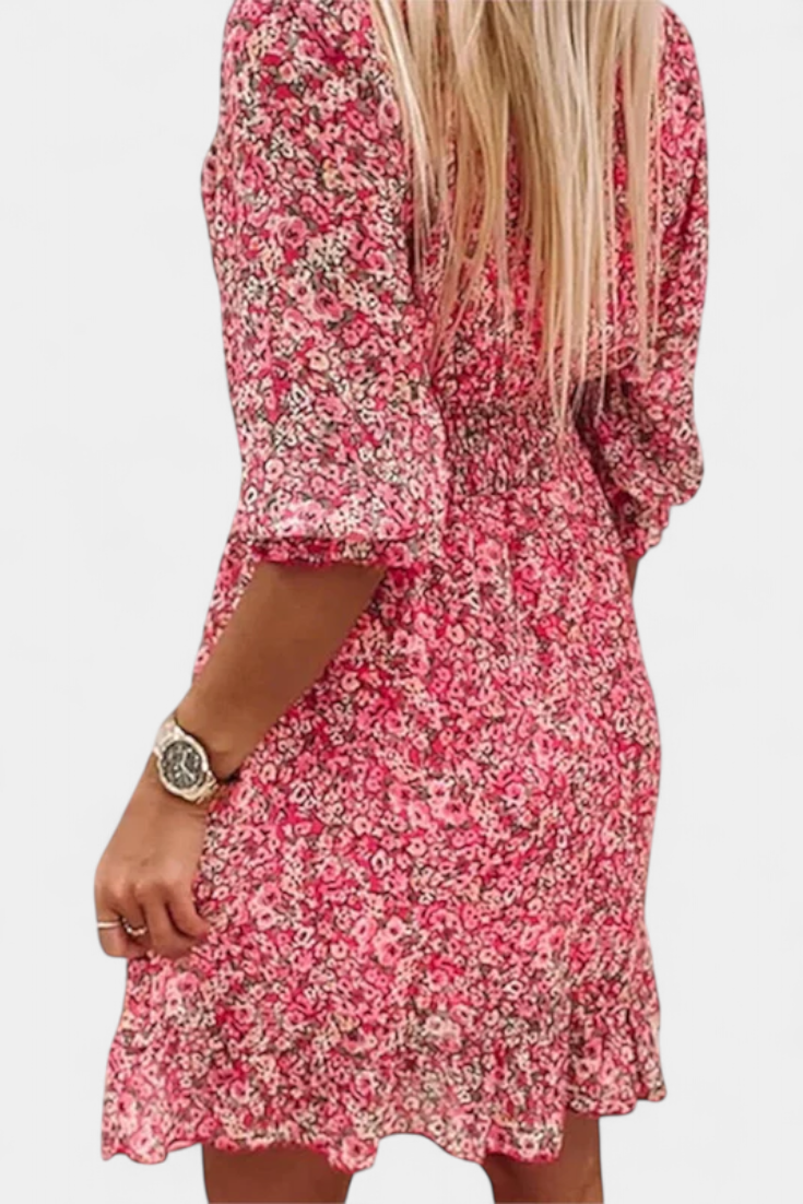 Benicia Vestido Floral de Manga Abullonada con Dobladillo Juguetón