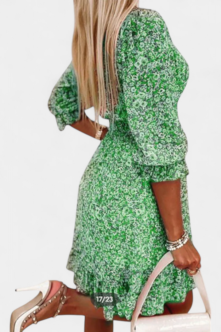 Benicia Vestido Floral de Manga Abullonada con Dobladillo Juguetón