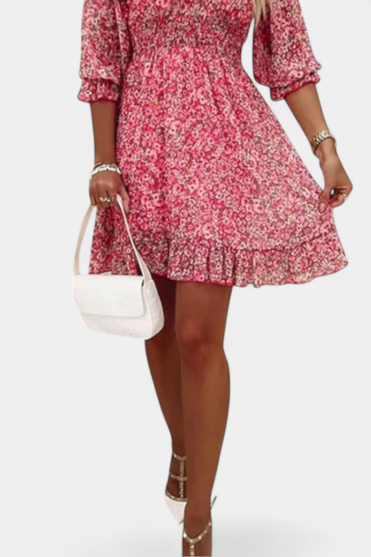 Benicia Vestido Floral de Manga Abullonada con Dobladillo Juguetón