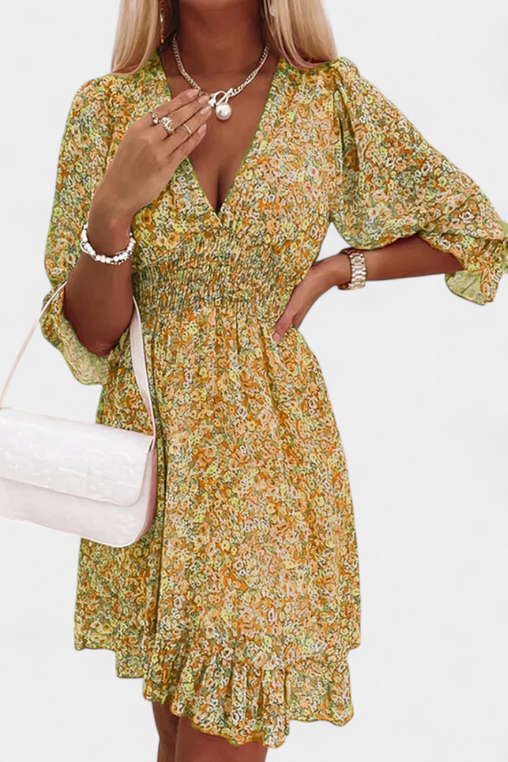 Benicia Vestido Floral de Manga Abullonada con Dobladillo Juguetón