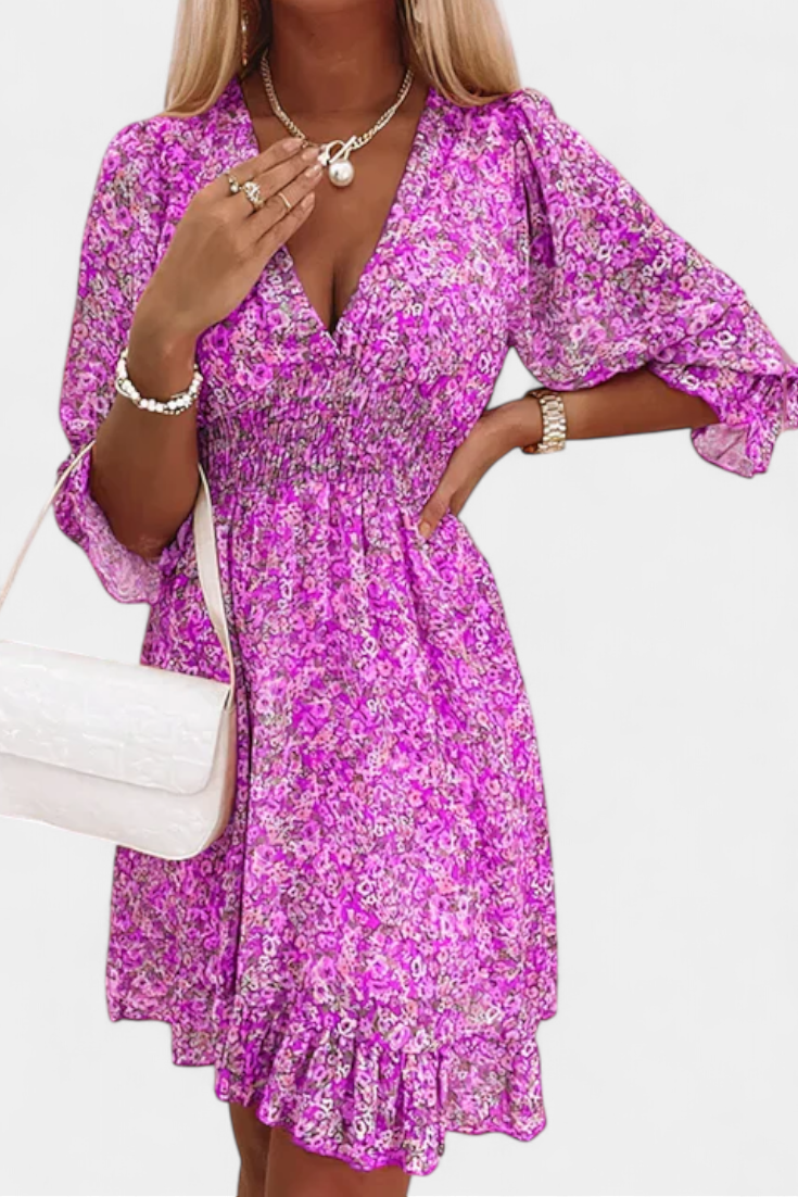 Benicia Vestido Floral de Manga Abullonada con Dobladillo Juguetón