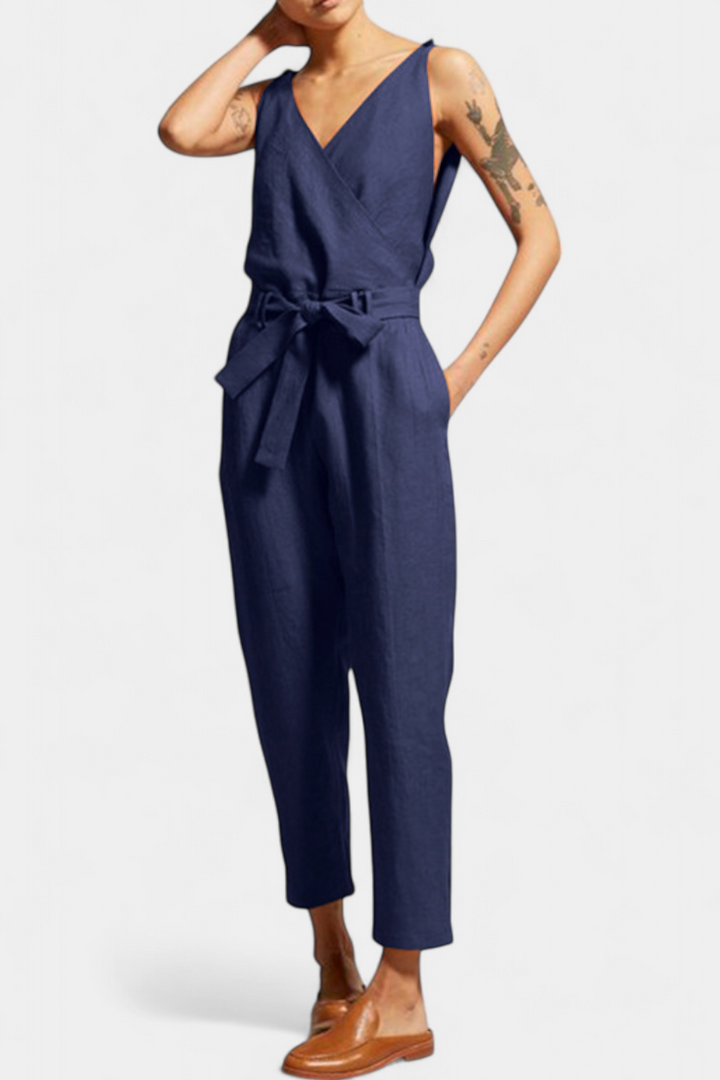 Maggie Mono Sin Mangas con Escote en V y Cintura Cruzada en Algodón