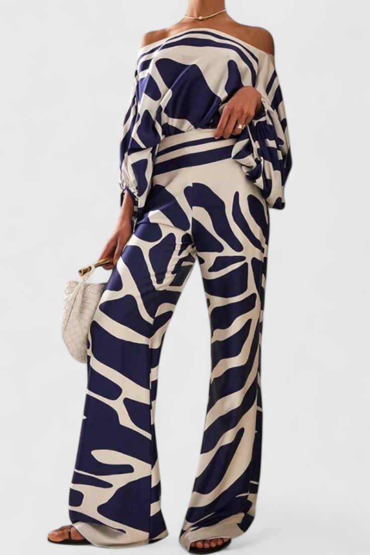 Sybella Conjunto Estampado de Dos Piezas con Pantalones de Pierna Ancha