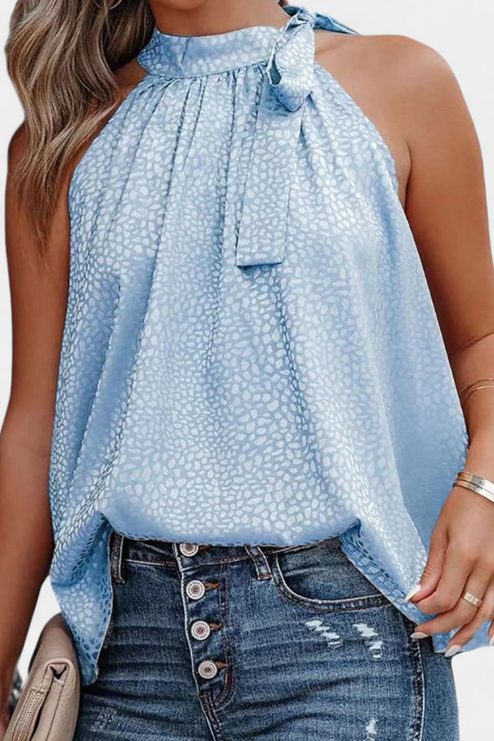 Adela Top sin Mangas de Leopardo con Cuello Alto y Lazo