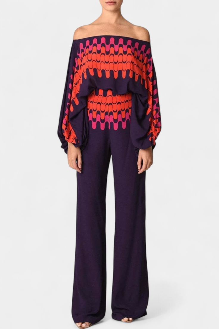 Sybella Conjunto Estampado de Dos Piezas con Pantalones de Pierna Ancha