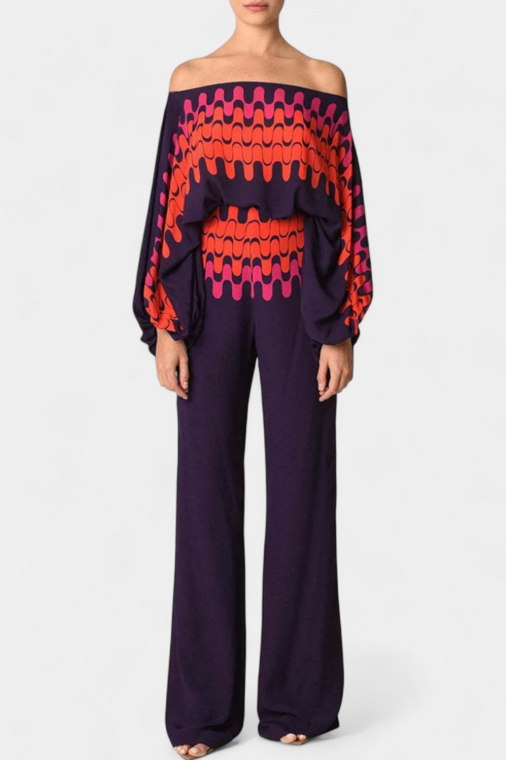 Sybella Conjunto Estampado de Dos Piezas con Pantalones de Pierna Ancha