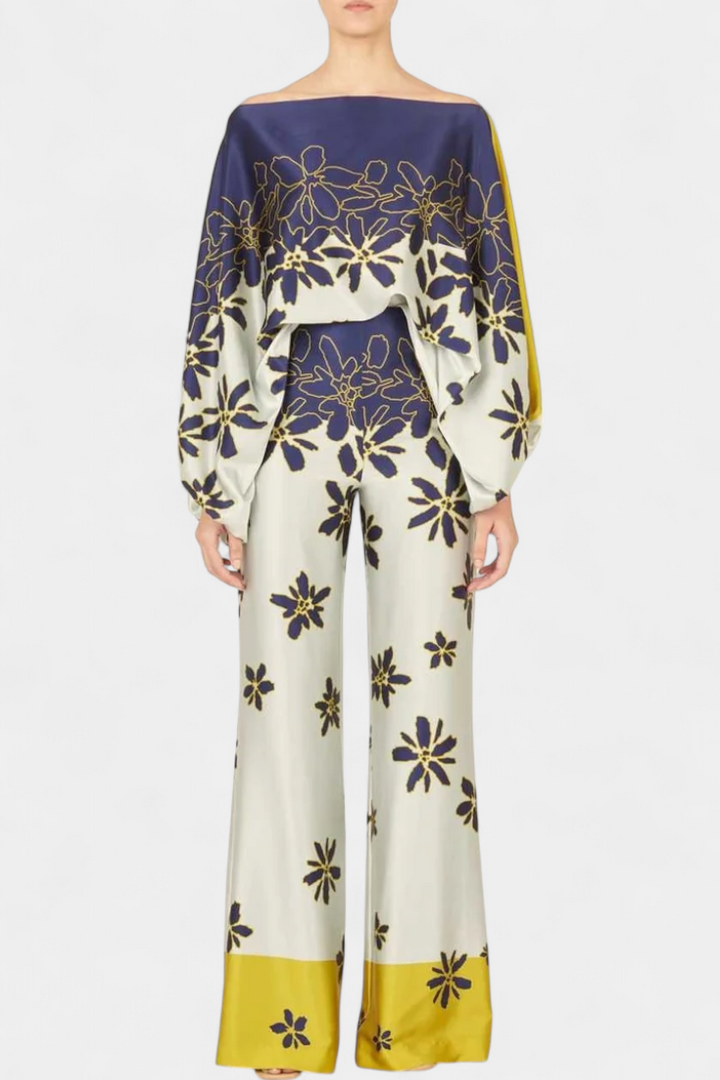 Sybella Conjunto Estampado de Dos Piezas con Pantalones de Pierna Ancha