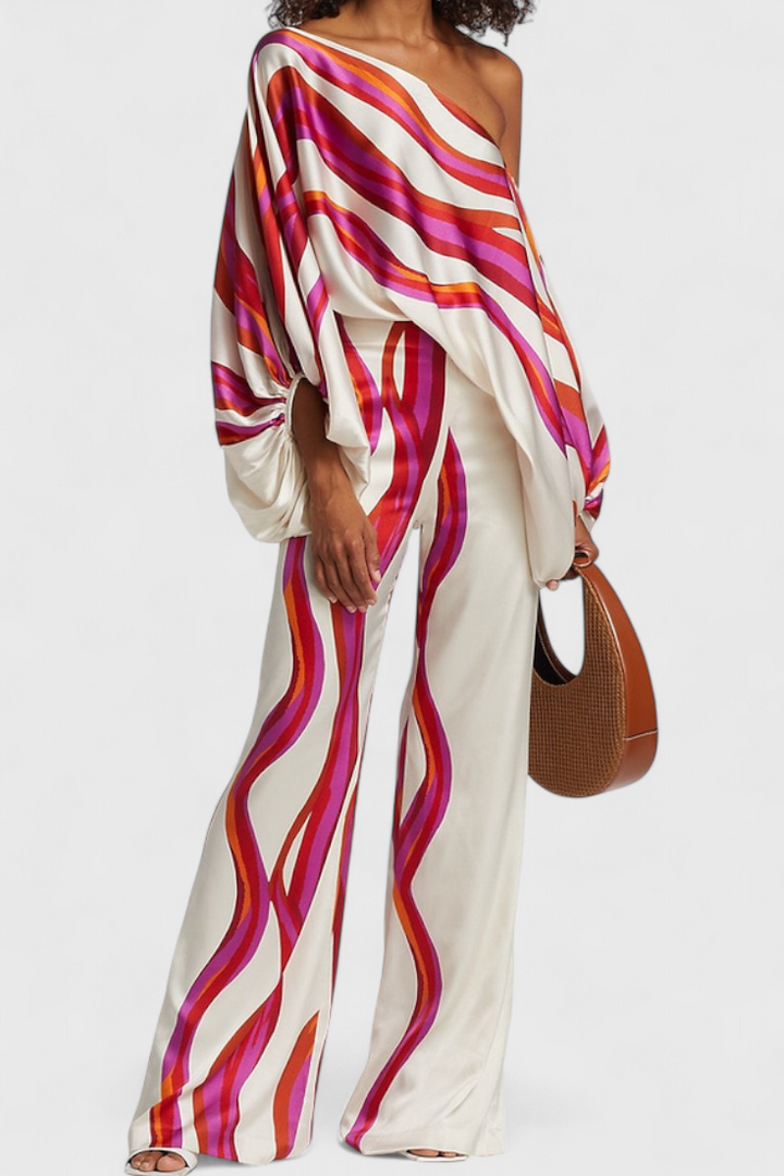 Sybella Conjunto Estampado de Dos Piezas con Pantalones de Pierna Ancha