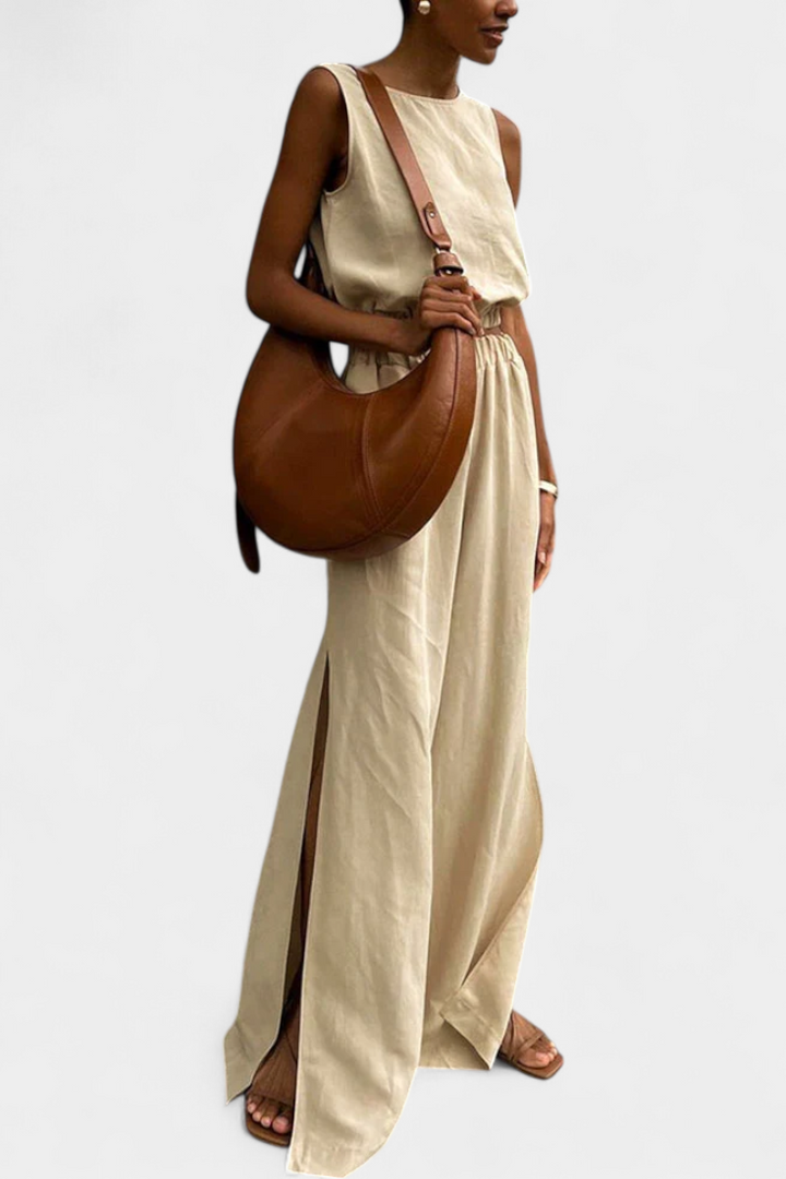 Portia Conjunto de Algodón y Lino con Abertura Lateral