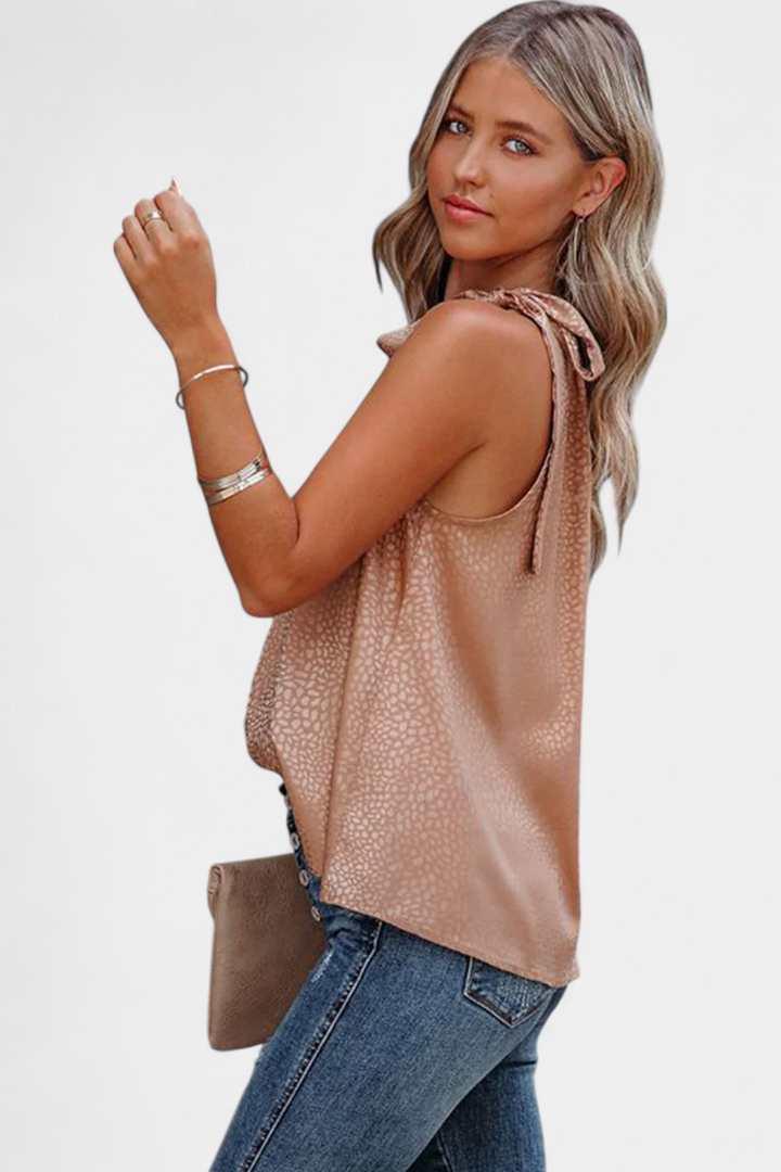 Adela Top sin Mangas de Leopardo con Cuello Alto y Lazo