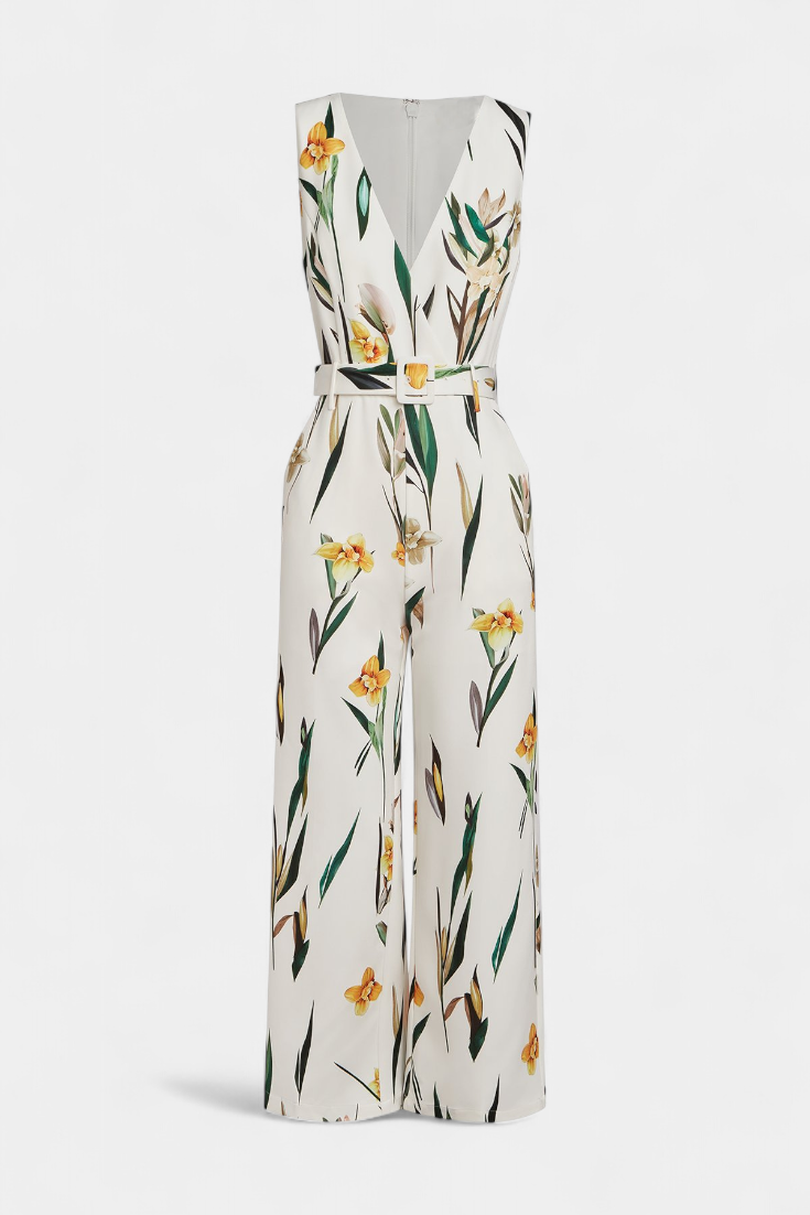 Slara Mono Largo de Vacaciones con Escote en V y Estampado Blanco