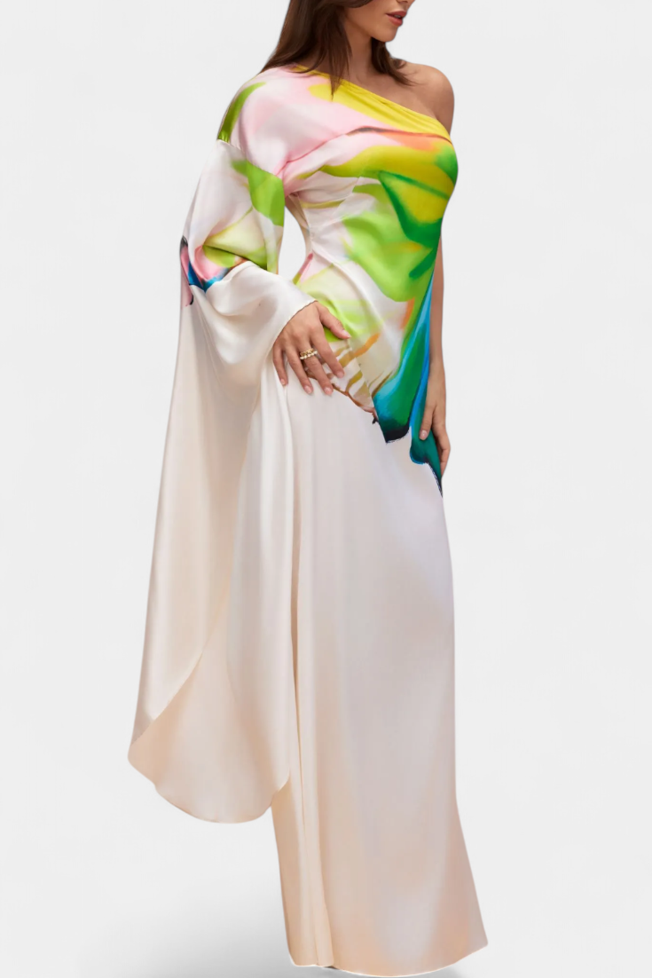 Beryl Vestido Largo Asimétrico de Una Sola Manga con Estampado