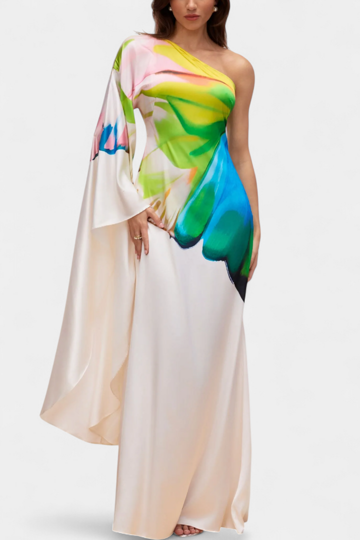 Beryl Vestido Largo Asimétrico de Una Sola Manga con Estampado