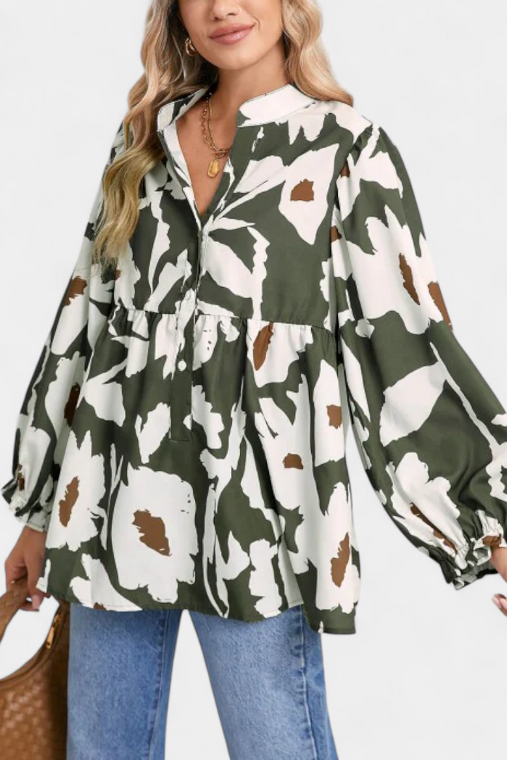 Filomena Blusa con Media Botonadura y Manga Abullonada en Estampado Floral Abstracto