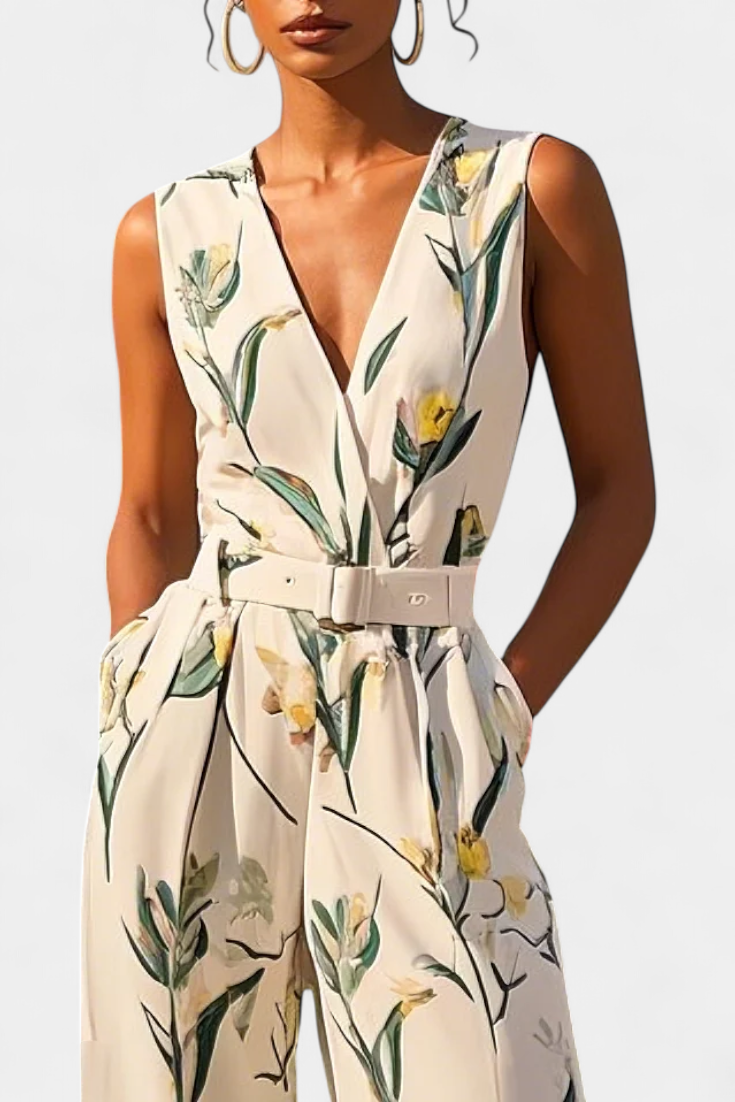 Slara Mono Largo de Vacaciones con Escote en V y Estampado Blanco