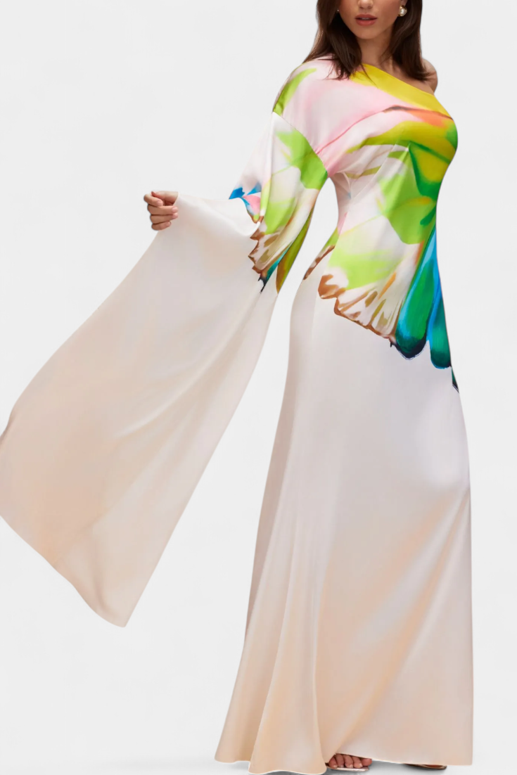 Beryl Vestido Largo Asimétrico de Una Sola Manga con Estampado