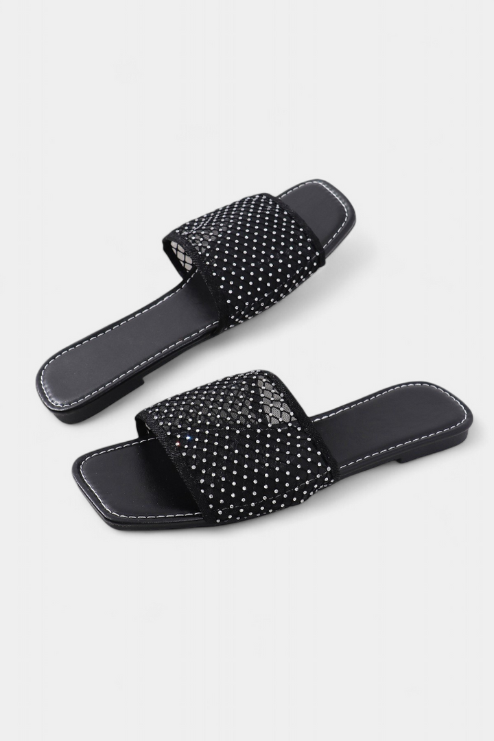 Iva Sandalias Planas de Malla con Brillos y Punta Cuadrada