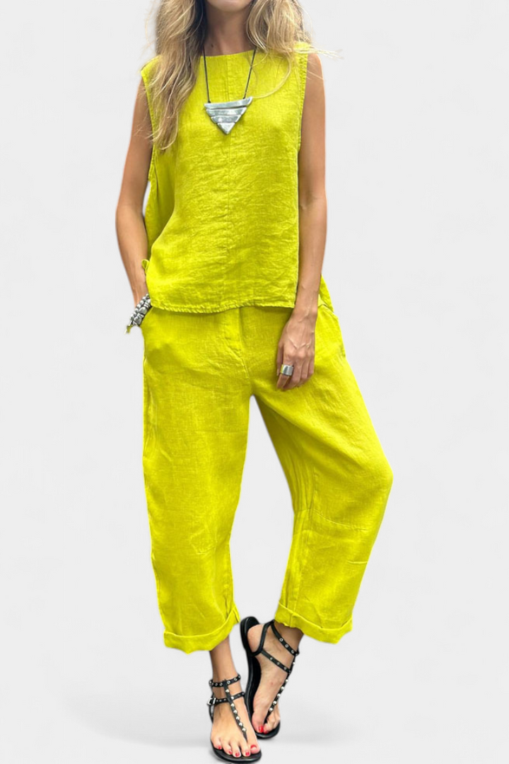 Leona Conjunto de Chaleco y Pantalón Sin Mangas en Algodón Lino