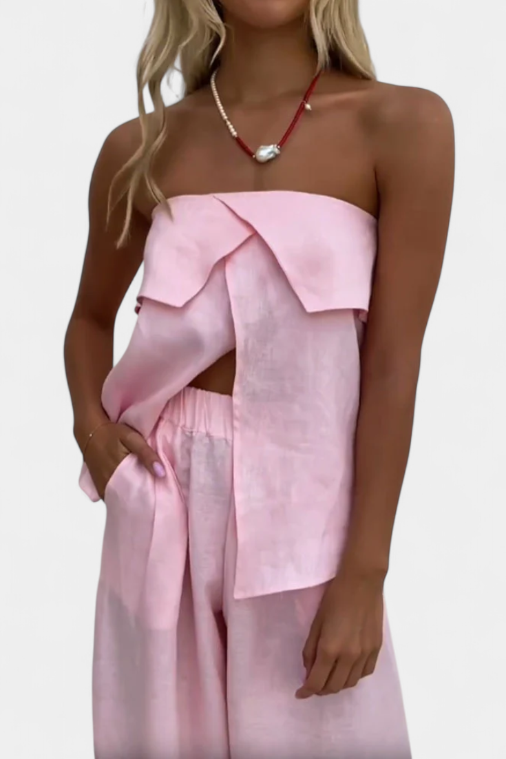 Oriana Conjunto Strapless con Falda de Abertura en Color Liso