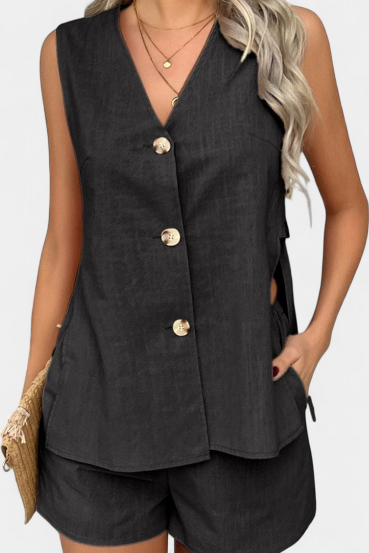 Loren Conjunto de Lino Sin Mangas de Estilo Relajado