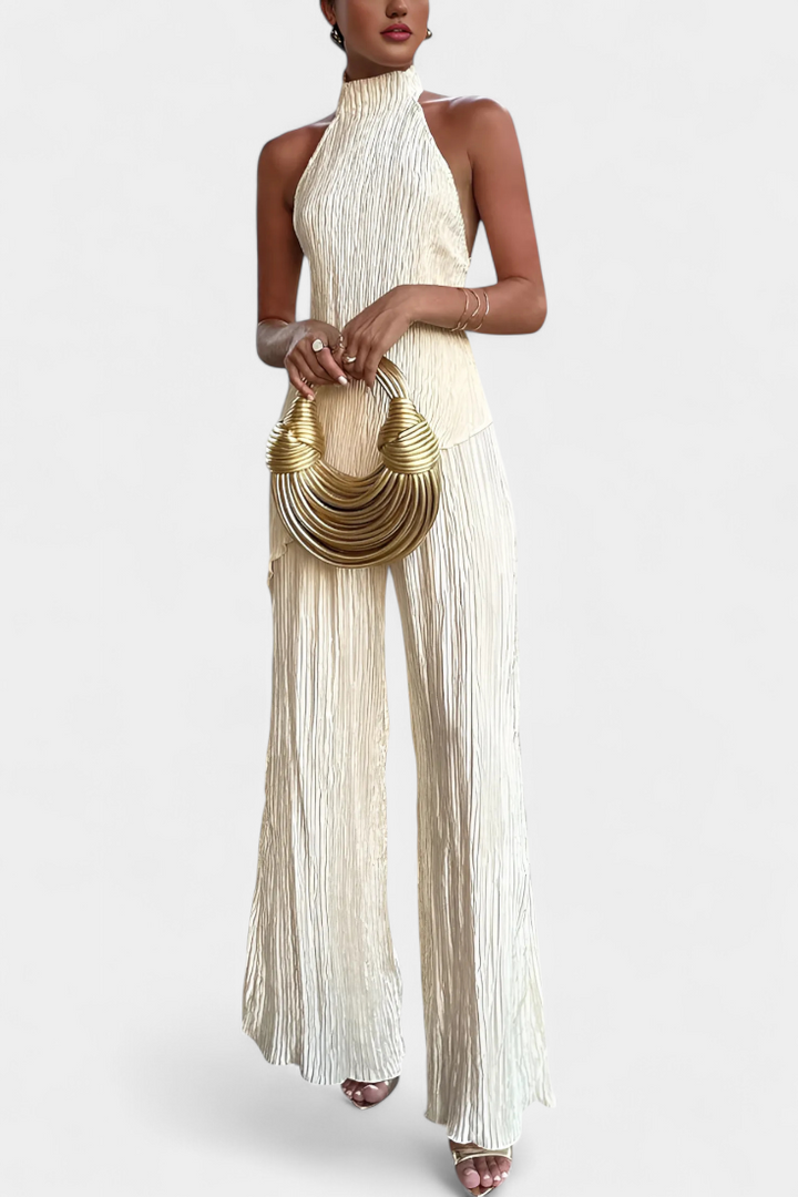 Pilarica Conjunto Elegante Plisado de Top Asimétrico y Pantalón Fluido